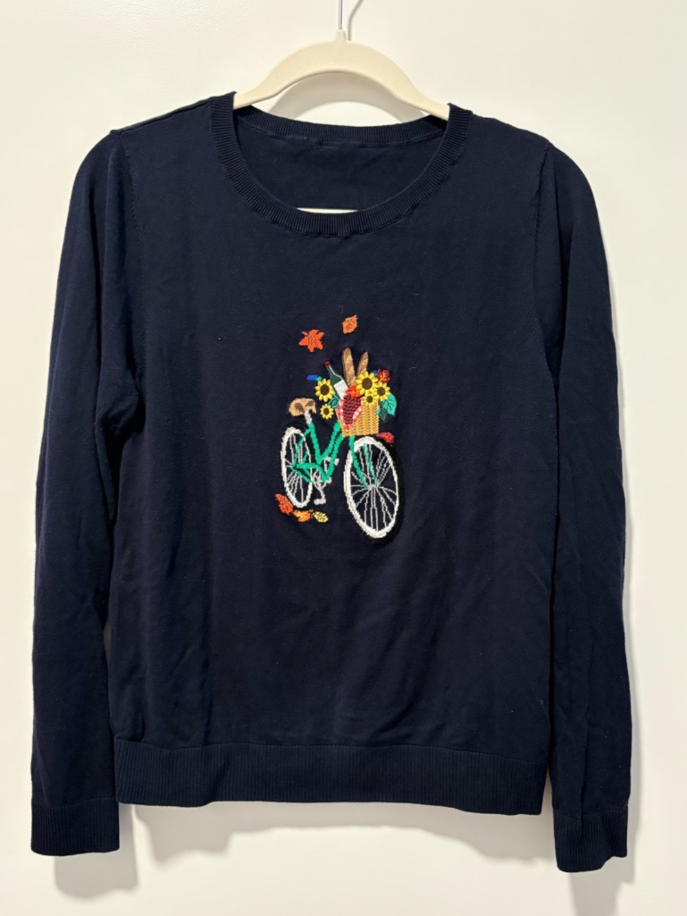 Navy Sweater with Embroidered Bicycle and Flowers